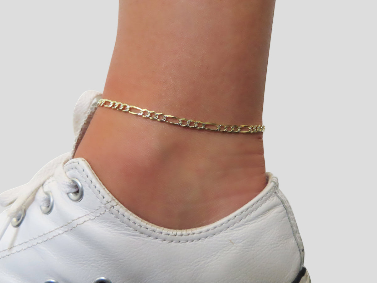 Mini Two Tone Figaro Anklet | Restivo Jewelers