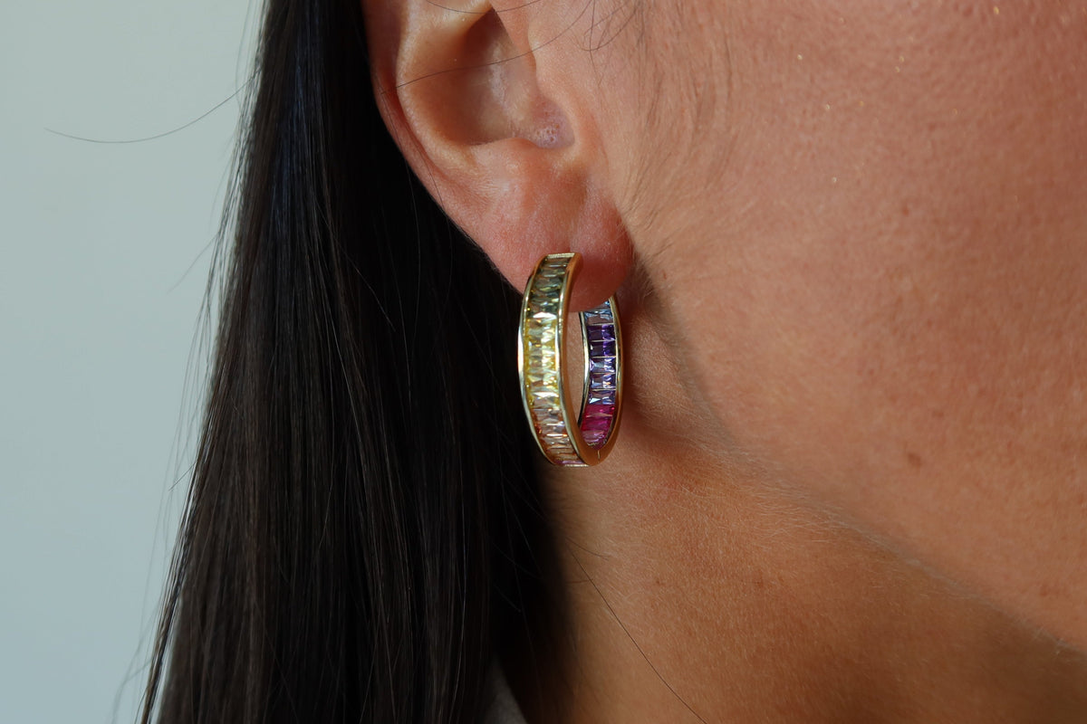 Rainbow Baguette Bezel Hoops | Restivo Jewelers
