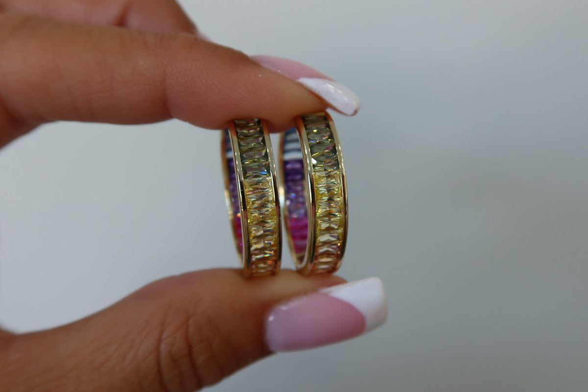 Rainbow Baguette Bezel Hoops | Restivo Jewelers