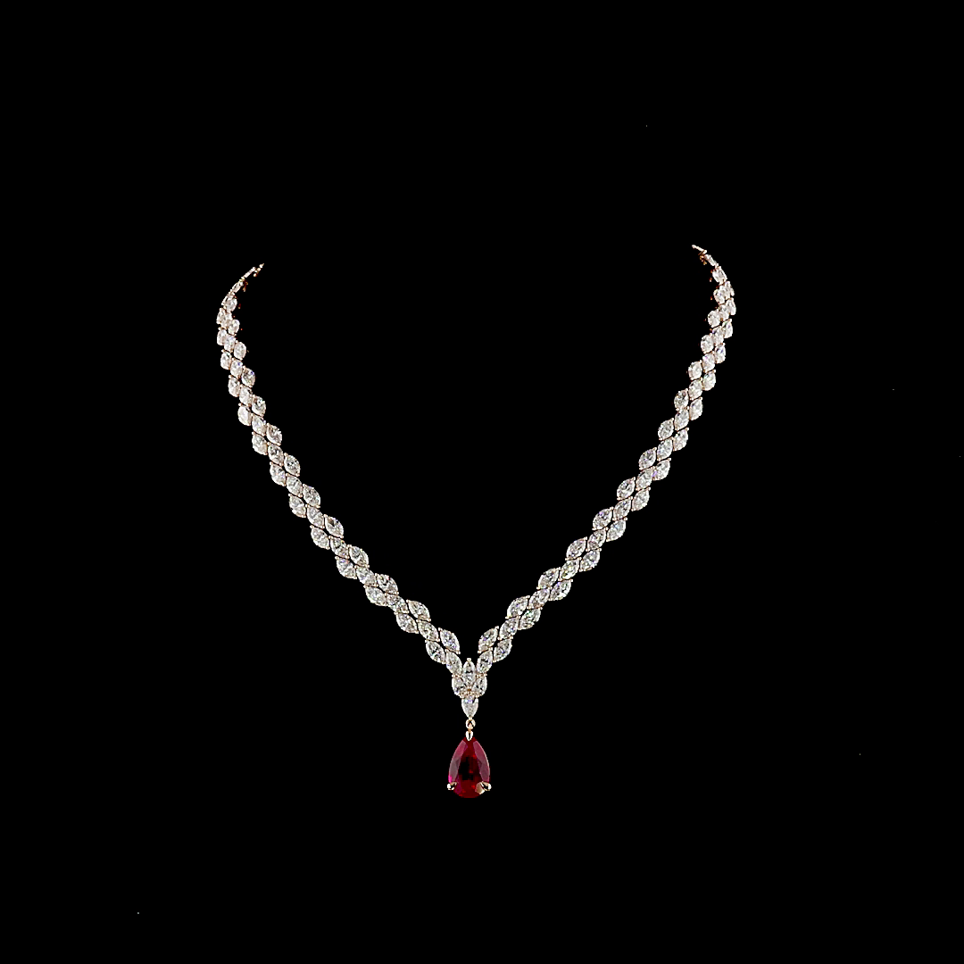 14K Rose Gold Ruby Drop Mix Shape Lariat Necklace | Restivo Jewelers