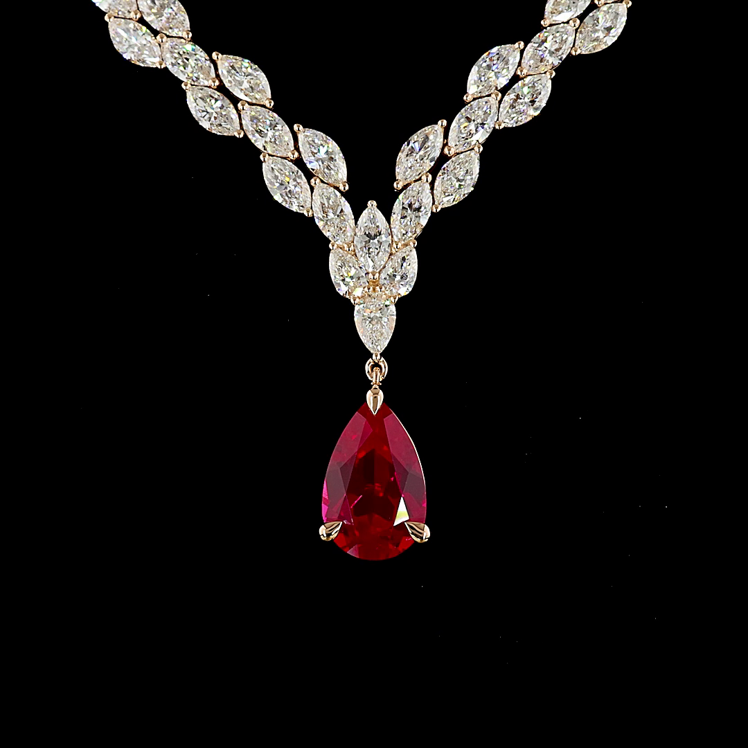 14K Rose Gold Ruby Drop Mix Shape Lariat Necklace | Restivo Jewelers