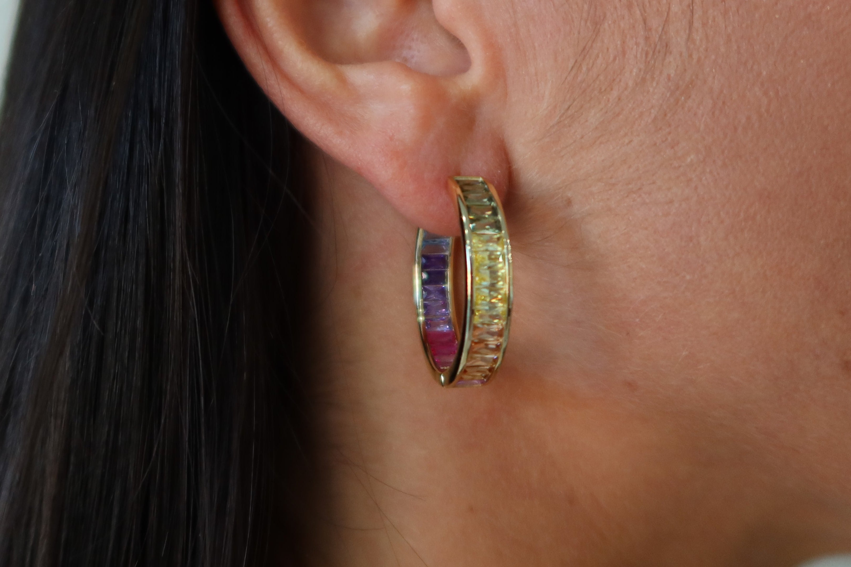 Rainbow Baguette Bezel Hoops