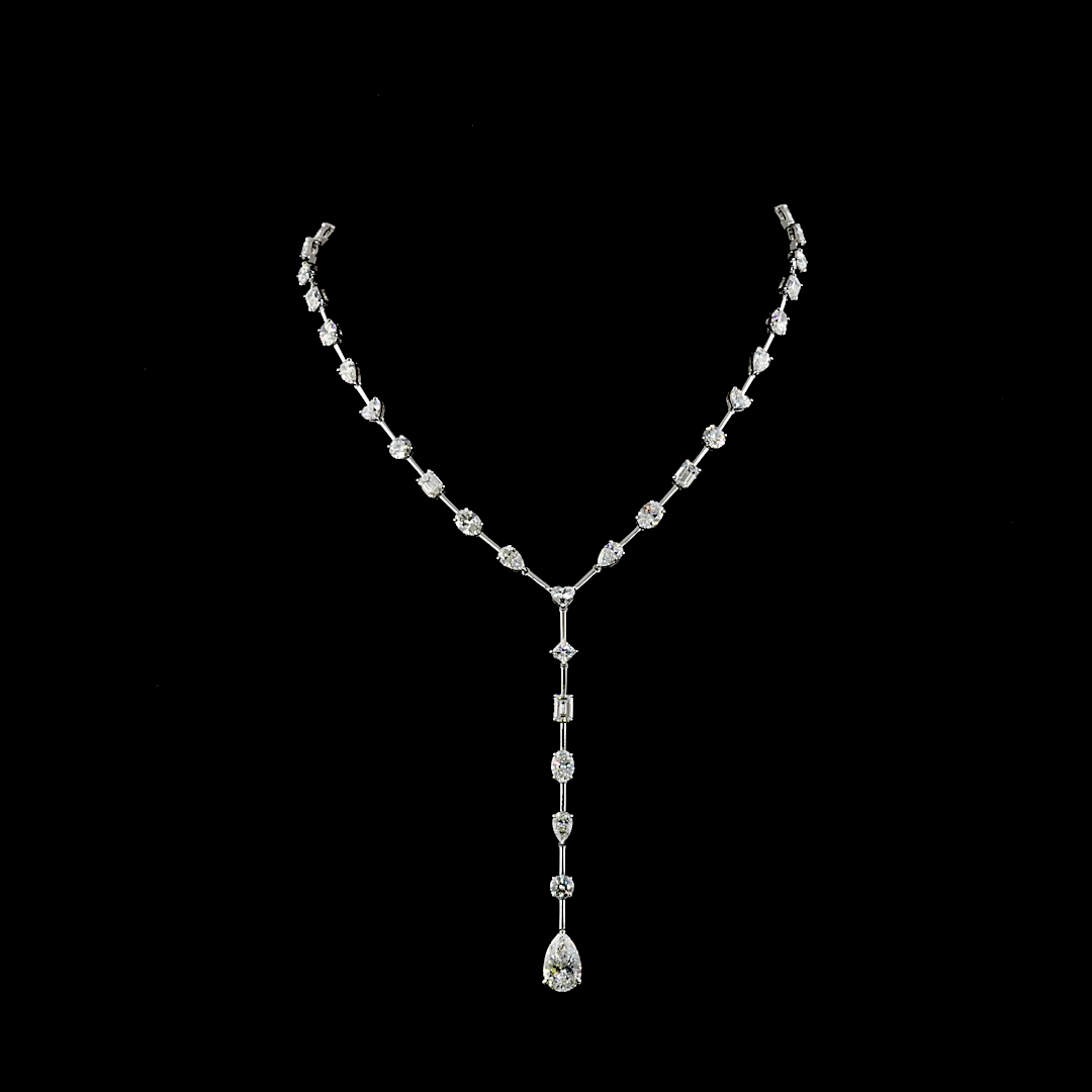 14K White Gold Mix Shape Diamond Lariat Necklace