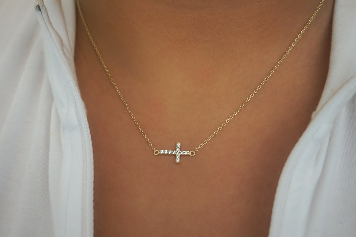 Mini Sideways CZ Cross | Restivo Jewelers